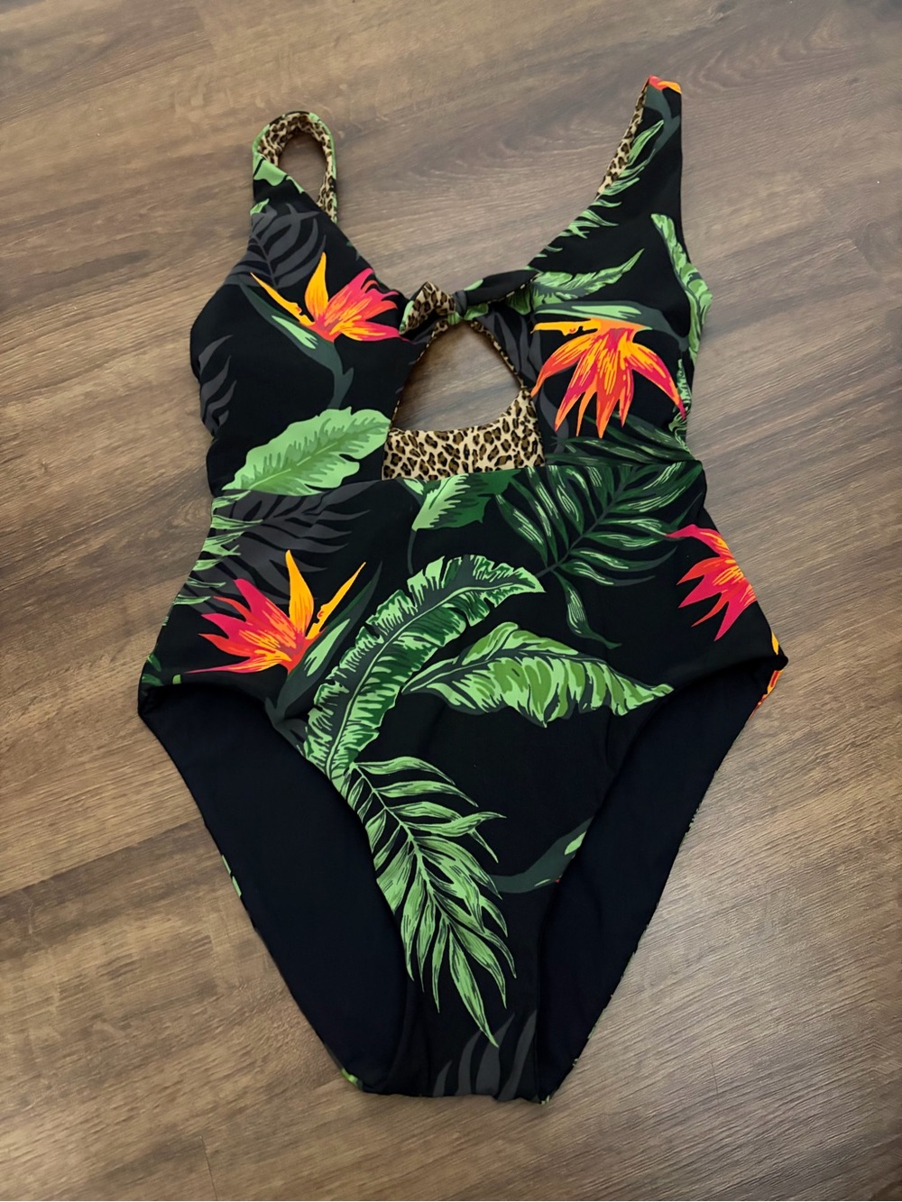 Kids Black Tropical One-Piece Swimsuit with Green & Orange Floral Print